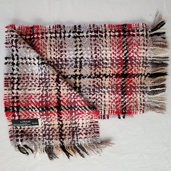 V Fraas Scarf Red Gray Taupe Soft Woven Plaid - Picture 1 of 9